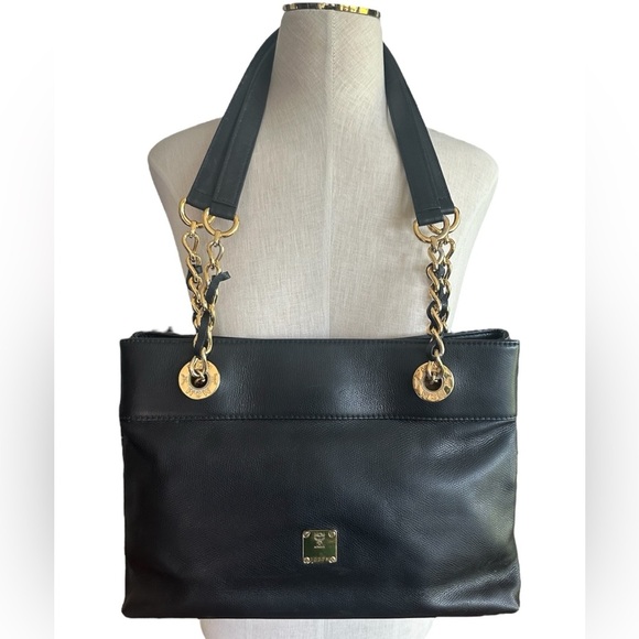 MCM Handbags - MCM Black Leather Shoulder Bag with Gold Accents